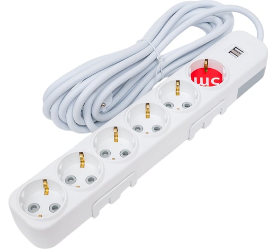 Удлинитель ELBI Myra с заземлением, 6 гнезд, с защитными шторками, USB, 5м, 3x1,5 527-040205-621