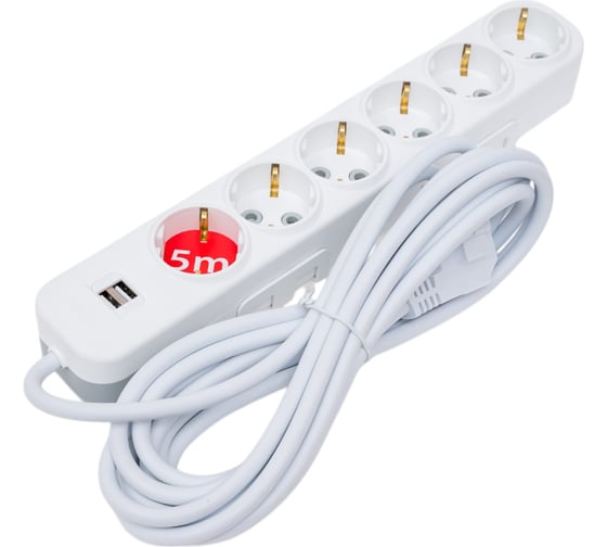 Удлинитель ELBI Myra с заземлением, 6 гнезд, с защитными шторками, USB, 5м, 3x1,5 527-040205-621