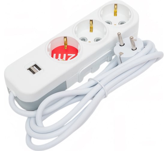 Удлинитель ELBI Myra с заземлением, 3 гнезда, с защитными шторками, USB, 2м, 3x1 527-040202-311