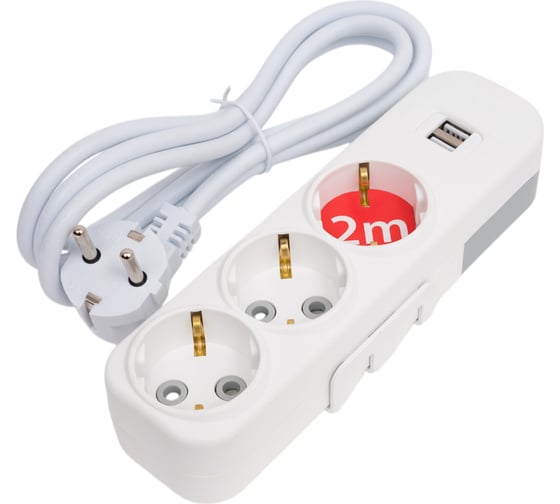 Удлинитель ELBI Myra с заземлением, 3 гнезда, с защитными шторками, USB, 2м, 3x1 527-040202-311
