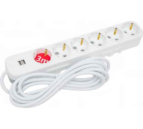 Удлинитель ELBI Myra с заземлением, 6 гнезд, с защитными шторками, USB, 3м, 3x1 527-040203-611