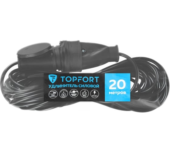 Удлинитель Topfort бублик ПВС 2x0,75 кв.мм 20м 6А 1 гнездо б/з., с/заг., IP44 1959706