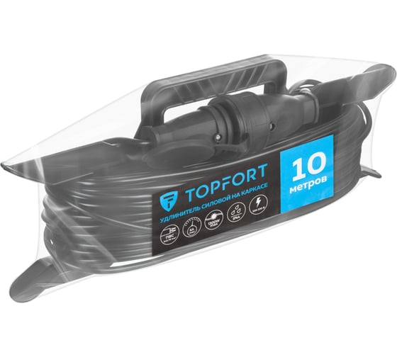 Удлинитель Topfort каркас ПВС 2x0,75 кв.мм 10м 6А 1 гнездо б/з., с/заг., IP44 1959700 1