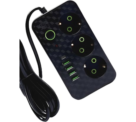 Удлинитель сетевой гибридный Saros Polymer 3м, 3 розетки, 2500 Вт, 4 USB,1 Type-C, 88011