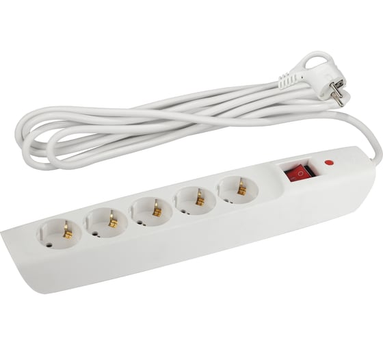 Сетевой фильтр ЭРА SFX-5es-2m-W с заземлением, с выключателем, 10A, 5 гнезд, 2м, белый 10/120 Б0044019