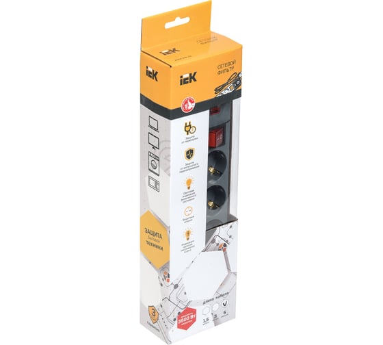 Сетевой фильтр IEK СФ-05К-выкл, 16А, 5мест, 5м, 3х1мм2, серый WFP10-16-05-05-ZK-K03