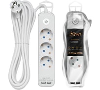 Удлинитель duwi с заз. с выкл. Supraguard, 3 розетки, 5 м, 3680 Вт, 16А, 3x1,5мм2, 2 USB, SILVER, 32065 4