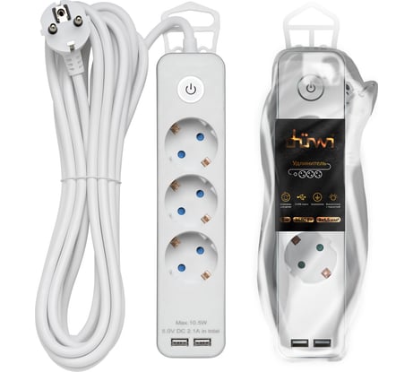 Удлинитель duwi с заз. с выкл. Supraguard, 3 розетки, 5 м, 3680 Вт, 16А, 3x1,5мм2, 2 USB, SILVER, 32065 4