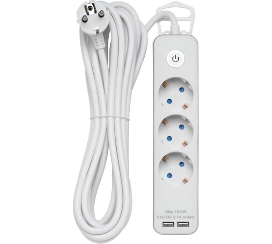 Удлинитель duwi с заз. с выкл. Supraguard, 3 розетки, 5 м, 3680 Вт, 16А, 3x1,5мм2, 2 USB, SILVER, 32065 4