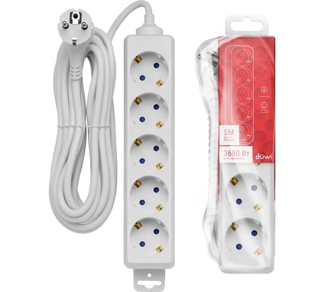 Удлинитель с заземлением duwi Supraline 5 розеток, 5 метров, 3х1,5мм2, 3680 Вт, 16А, 32061 6
