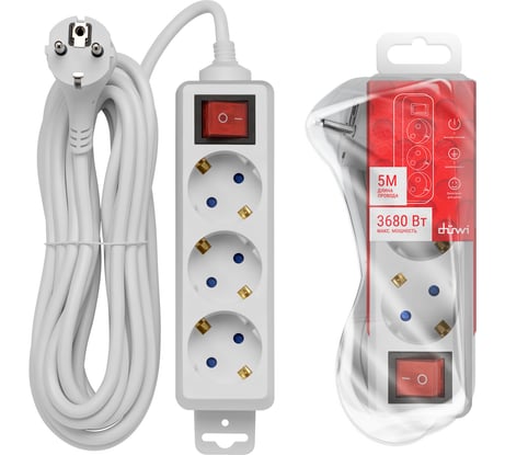 Удлинитель с заземлением duwi с выкл. Supraline 3 розетки, 5 метров, 3х1,5мм2, 3680 Вт, 16А, 32059 3