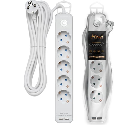 Удлинитель с заземлением duwi с выкл. Supraguard, 5 розеток, 5 м, 3680 Вт, 16А, 3x1,5мм2, 2 USB 32069 2