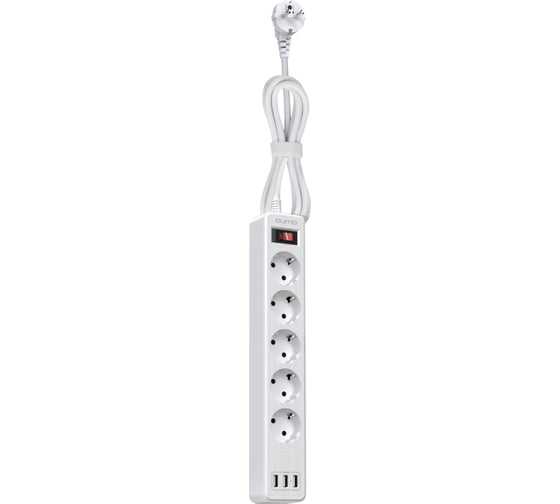 Сетевой фильтр QUMO Power Bar 5SP4U P-0005, 5 розеток, 2500 Вт, 10A, кабель 2м 3*1 мм чистая медь, пожаробезопасный пластик, евровилка, 3 USB порта 3,1A суммарно белый 48579