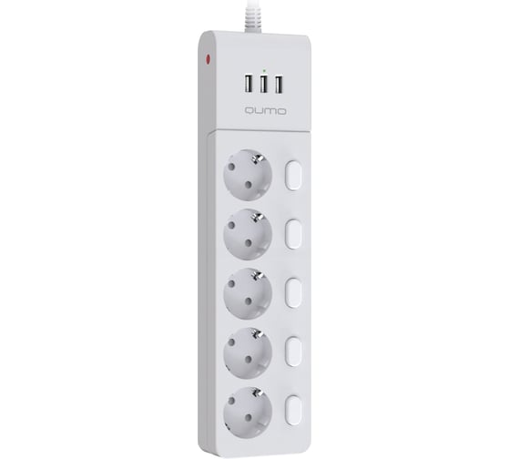 Сетевой фильтр QUMO Power Bar PRO 6SP4U P-0006, 5 независимо отключаемых розеток, 2500 Вт, 10A, кабель 2м 3 мм чистая медь, пожаробезопасный пластик, евровилка, 3 USB порта 3,1A суммарно белый 48580
