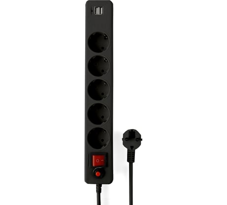 Сетевой фильтр Гарнизон 5р, 10А, 2xUSB, 1.8м, ур.защиты 4, черный, пакет, ECL-5-U2-B-1.8
