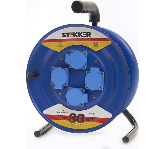 Удлинитель на металлической катушке STEKKER PRF02-41-30 с заземлением, 30м, 3х2,5 морозостойкий, Professional, синий 39296