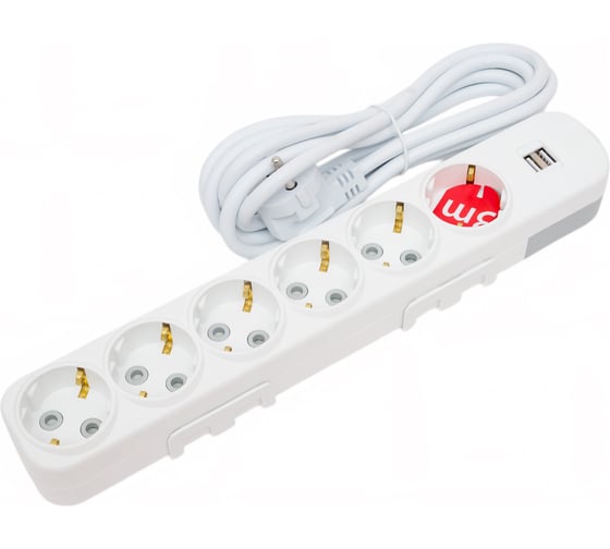 Удлинитель ELBI Myra с заземлением, 6 входов, с защитными шторками, USB, 3м, 3x1,5 527-040203-621