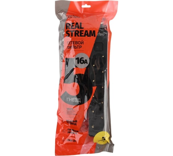 Сетевой фильтр Perfeo "REAL STREAM, 5,0м, 5 розеток, черный. 30022734