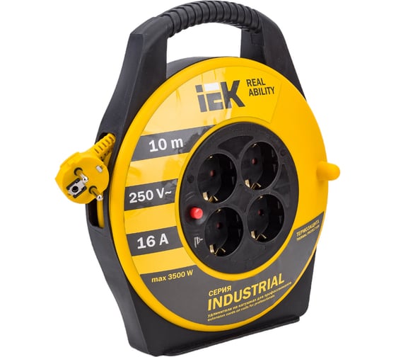 Катушка с термозащитой IEK "Industrial" УК10 4 места, 2Р+PЕ, 10м, 3х1,5 мм2 WKP15-16-04-10