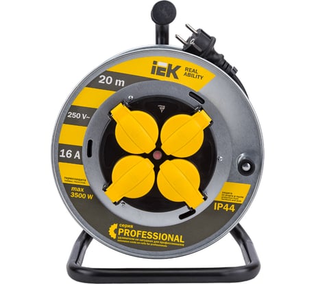 Катушка с термозащитой IEK "Professional" УК20 металлическая, 4 места, 2Р+PЕ/20м, КГ, 3х1,5мм2, IP44 WKP16-16-04-20-44
