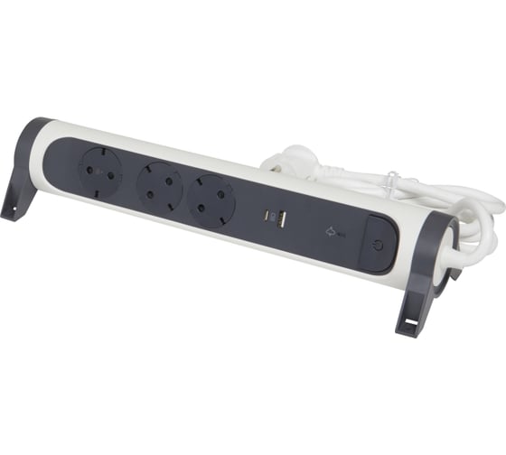 Удлинитель Legrand с заземлением 3 розетки с кабелем 1,5 м, с 2xUSB A+C (3А) зарядками, защитой от импульсных перенапряжений, кнопкой включения и поворотным основанием, цвет: белочерный 694508