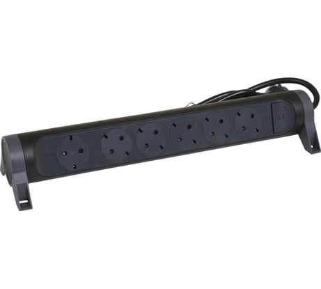 Удлинитель Legrand с заземлением 6 розеток с кабелем 3 м, с кнопкой включения и поворотным основанием, цвет: черный 694540