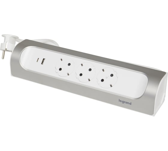 Удлинитель Legrand угловой с заземлением 3 розетки с кабелем 1 м, с 2xUSB A+C (3А) зарядками, цвет: белоалюминиевый 694502
