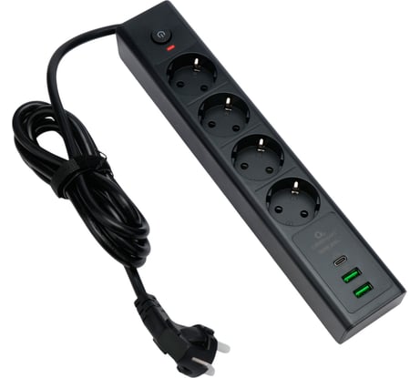 Сетевой фильтр Cablexpert Exnovo 4р, 16А, 1xType-C PD, 30Вт, 2хUSB, 2м, ур.защиты 4+, черный,кор, EXN-4-CU2-B-2