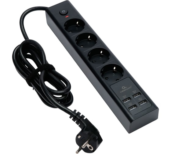 Сетевой фильтр Cablexpert Exnovo 4р, 16А, 4хUSB, 3.4A, 2м, ур.защиты 4+, черный, коробка, EXN-4-U4-B-2 1