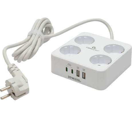 Сетевой фильтр Cablexpert Plate 4р, 10А, 2xType-C PD, 20Вт, 2xUSB, 2м, ур.защиты 4+, белый,короб, PLT-4-C2U2-W-2
