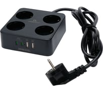 Сетевой фильтр Cablexpert Plate 4р, 10А, 2xType-C PD, 20Вт, 2xUSB, 2м, ур.защиты 4+,черный,короб, PLT-4-C2U2-B-2