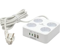 Сетевой фильтр Cablexpert Plate 4р, 10А, 2xType-C PD, 20Вт, 2xUSB, 3м, ур.защиты 4+, белый,короб, PLT-4-C2U2-W-3