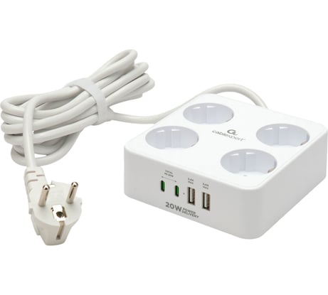 Сетевой фильтр Cablexpert Plate 4р, 10А, 2xType-C PD, 20Вт, 2xUSB, 3м, ур.защиты 4+, белый,короб, PLT-4-C2U2-W-3