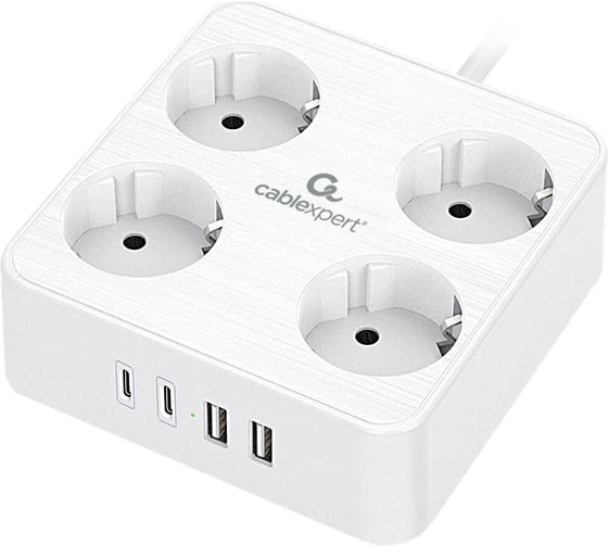 Сетевой фильтр Cablexpert Plate 4р, 10А, 2xType-C PD, 20Вт, 2xUSB, 3м, ур.защиты 4+, белый,короб, PLT-4-C2U2-W-3 1