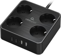 Сетевой фильтр Cablexpert Plate 4р, 10А, 2xType-C PD, 20Вт, 2xUSB, 3м, ур.защиты 4+,черный,короб, PLT-4-C2U2-B-3 35855676