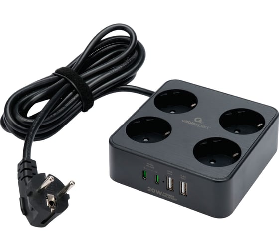 Сетевой фильтр Cablexpert Plate 4р, 10А, 2xType-C PD, 20Вт, 2xUSB, 3м, ур.защиты 4+,черный,короб, PLT-4-C2U2-B-3 1