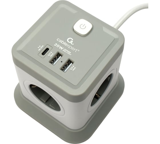 Сетевой фильтр Cablexpert Tower 4р, 10А, 1xType-C PD, 20Вт, 2хUSB, 2м, ур.защиты 2+, белый, кор, TWR-4-CU2-W-2