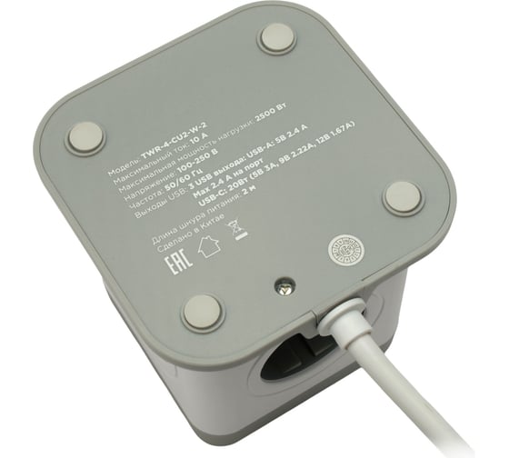 Сетевой фильтр Cablexpert Tower 4р, 10А, 1xType-C PD, 20Вт, 2хUSB, 2м, ур.защиты 2+, белый, кор, TWR-4-CU2-W-2