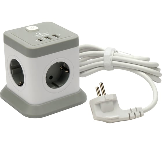 Сетевой фильтр Cablexpert Tower 4р, 10А, 1xType-C PD, 20Вт, 2хUSB, 2м, ур.защиты 2+, белый, кор, TWR-4-CU2-W-2