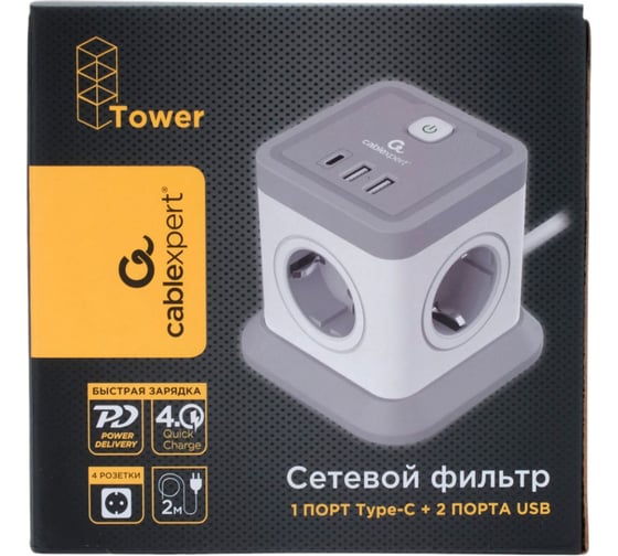 Сетевой фильтр Cablexpert Tower 4р, 10А, 1xType-C PD, 20Вт, 2хUSB, 2м, ур.защиты 2+, белый, кор, TWR-4-CU2-W-2