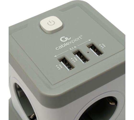 Сетевой фильтр Cablexpert Tower 4р, 10А, 3xUSB, 3.1А, 2м, ур.защиты 2+, белый, коробка, TWR-4-U3-W-2