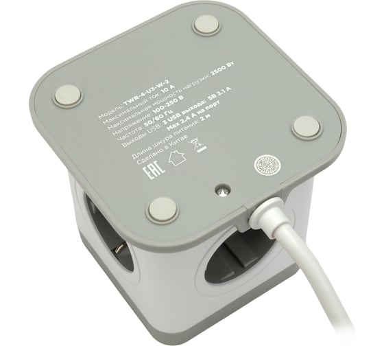Сетевой фильтр Cablexpert Tower 4р, 10А, 3xUSB, 3.1А, 2м, ур.защиты 2+, белый, коробка, TWR-4-U3-W-2