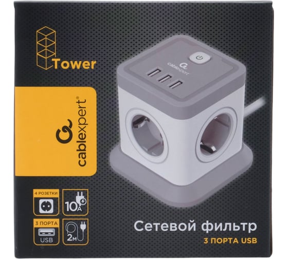Сетевой фильтр Cablexpert Tower 4р, 10А, 3xUSB, 3.1А, 2м, ур.защиты 2+, белый, коробка, TWR-4-U3-W-2