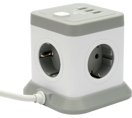 Сетевой фильтр Cablexpert Tower 4р, 10А, 3xUSB, 3.1А, 3м, ур.защиты 2+, белый, коробка, TWR-4-U3-W-3