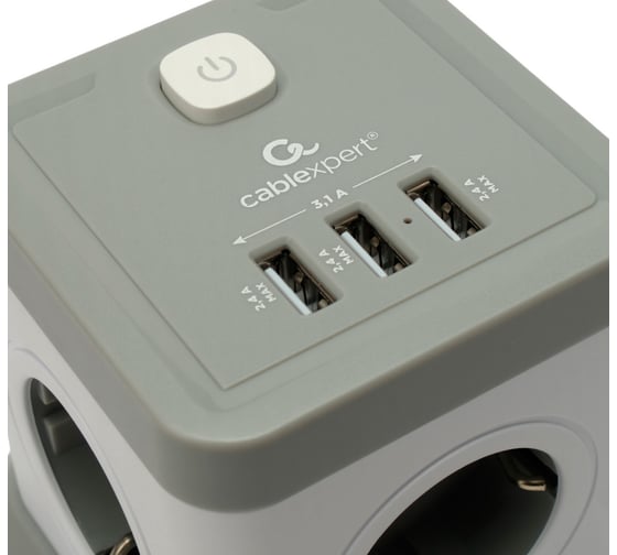 Сетевой фильтр Cablexpert Tower 4р, 10А, 3xUSB, 3.1А, 3м, ур.защиты 2+, белый, коробка, TWR-4-U3-W-3