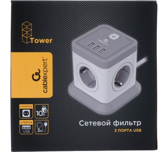 Сетевой фильтр Cablexpert Tower 4р, 10А, 3xUSB, 3.1А, 3м, ур.защиты 2+, белый, коробка, TWR-4-U3-W-3