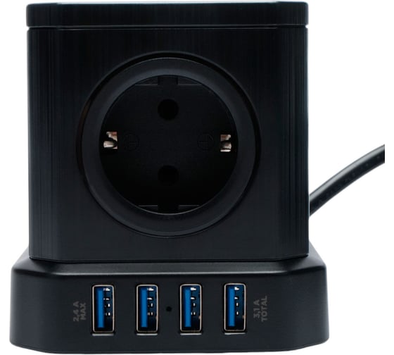 Сетевой фильтр Cablexpert Tower 5р, 10А, 4хUSB, 3.1А, 2м, ур.защиты 4+, черный, коробка, TWR-5-U4-B-2