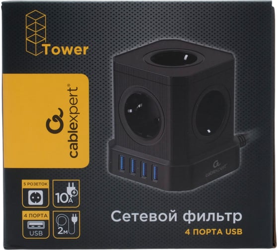Сетевой фильтр Cablexpert Tower 5р, 10А, 4хUSB, 3.1А, 2м, ур.защиты 4+, черный, коробка, TWR-5-U4-B-2