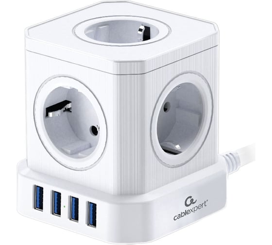 Сетевой фильтр Cablexpert Tower 5р, 10А, 4хUSB, 3.1А, 3м, ур.защиты 4+, белый, коробка, TWR-5-U4-W-3 1