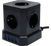 Сетевой фильтр Cablexpert Tower 5р, 10А, 4хUSB, 3.1А, 3м, ур.защиты 4+, черный, коробка, TWR-5-U4-B-3